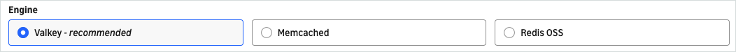 The Engine section of the Create cache page with Valkey selected.