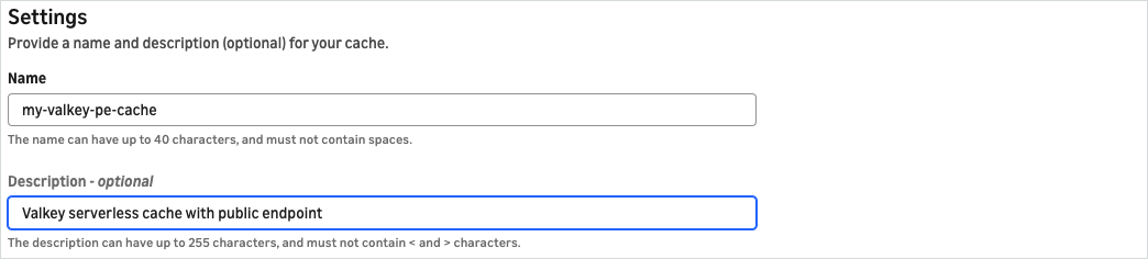 The Settings section showing the Name and Description fields.