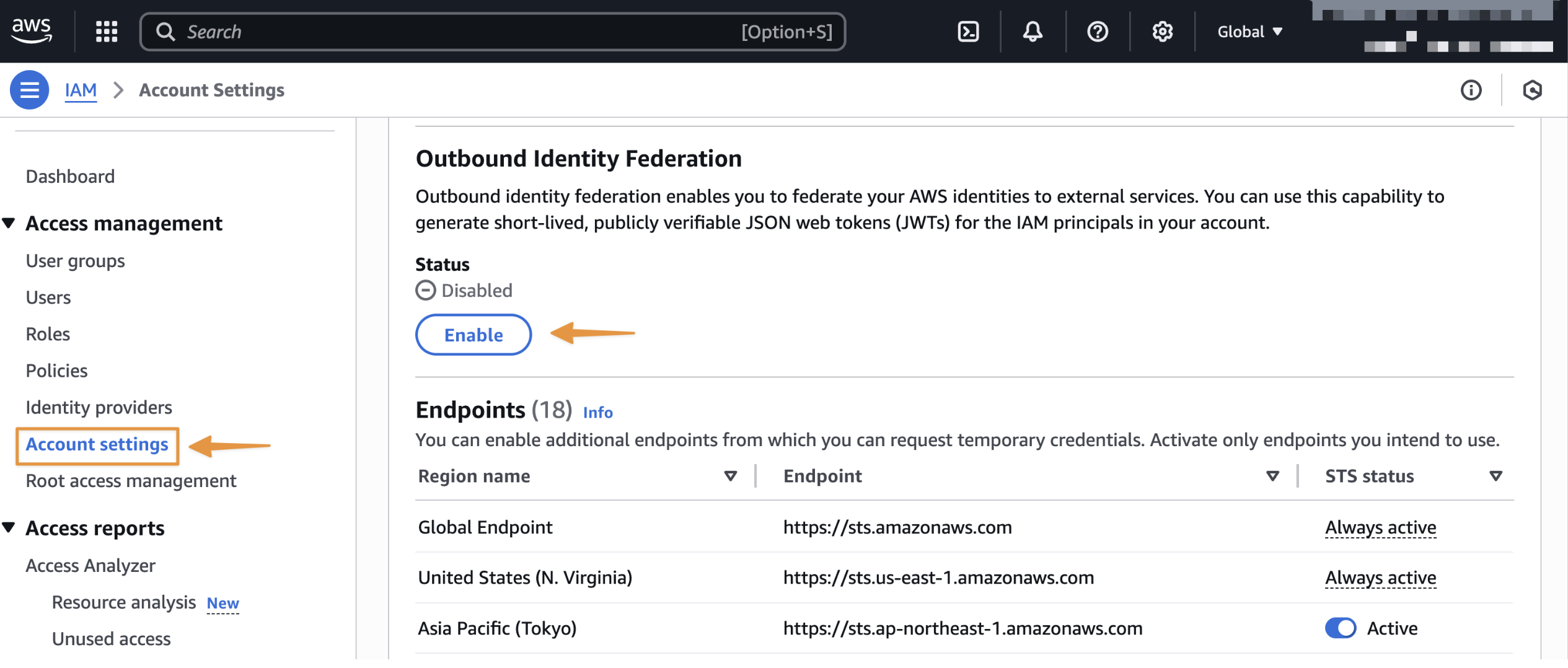 Account settings menu item highlighted in left navigation under Access management section.