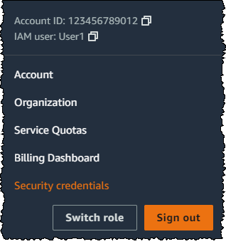 AWS Management Console Security credentials link.