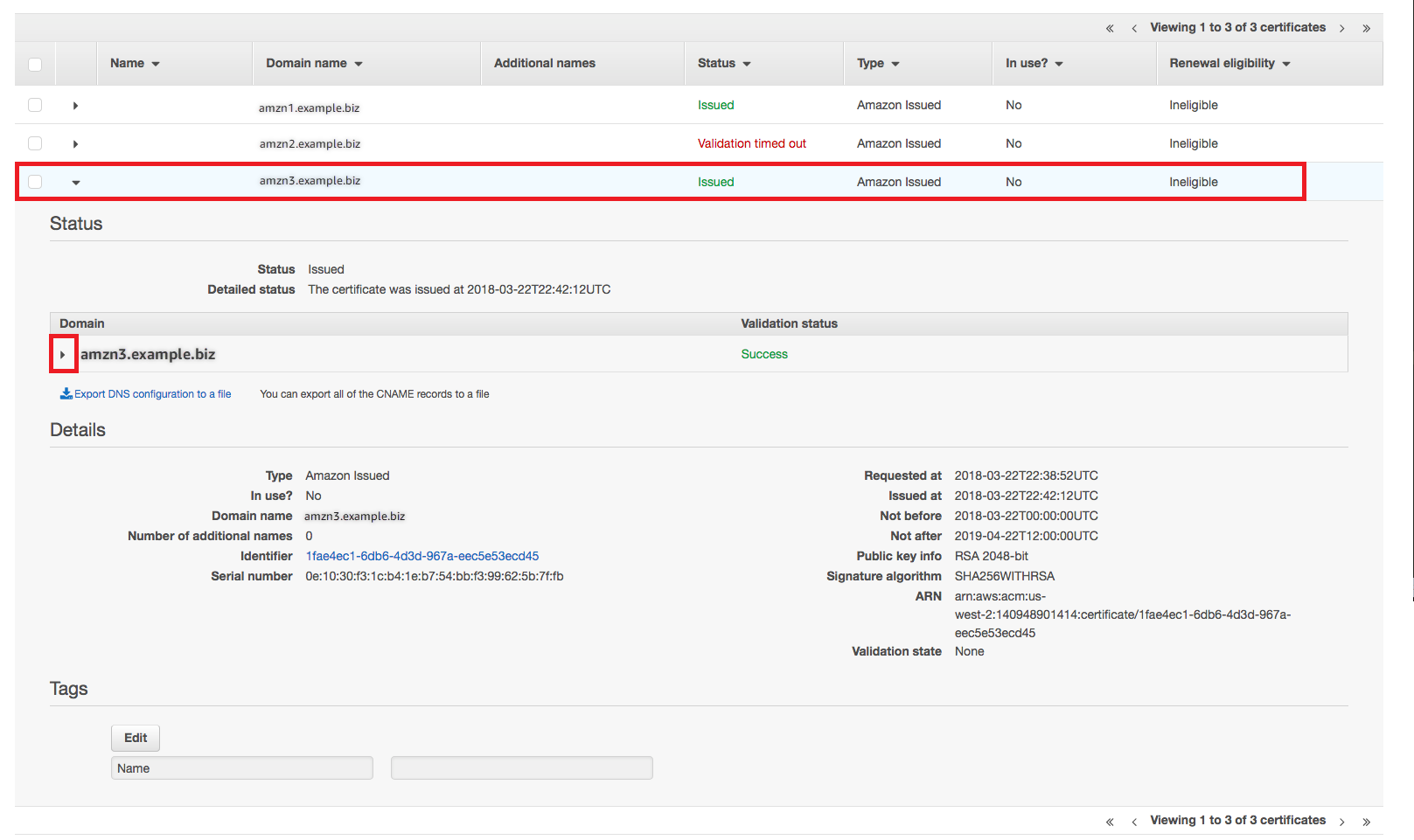 Select the target certificate from the console.