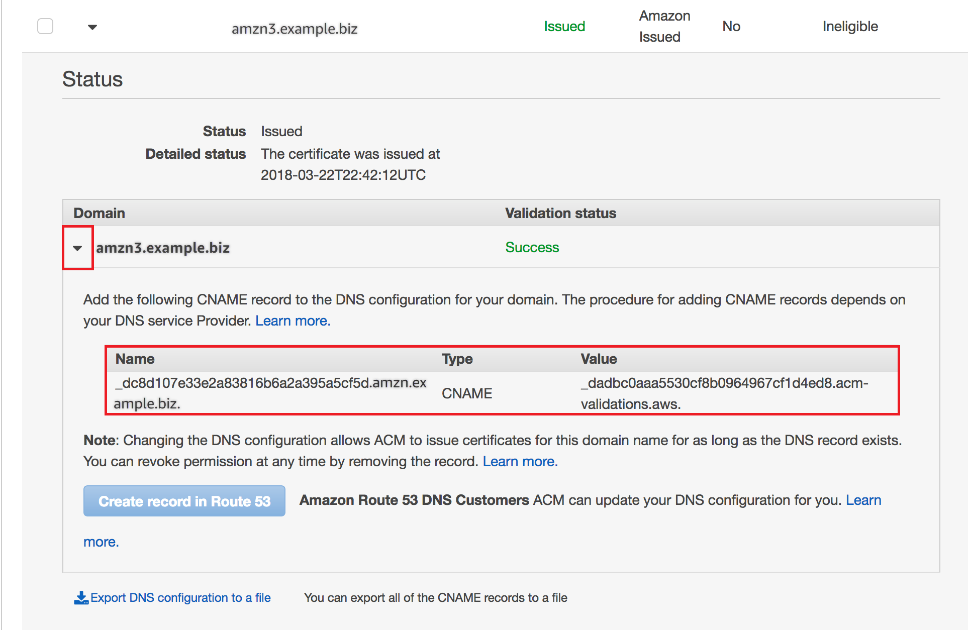 Expand the certificate window to find the certificate's CNAME information.