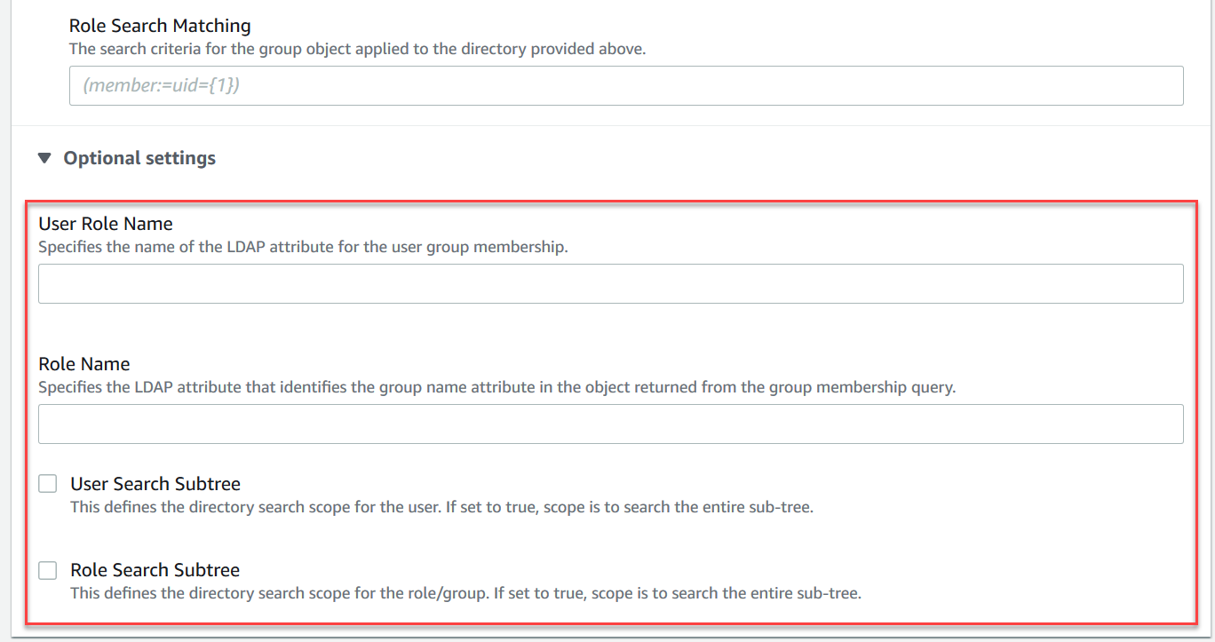 Optional settings section with fields for User Role Name, Role Name, and checkboxes for subtree search.