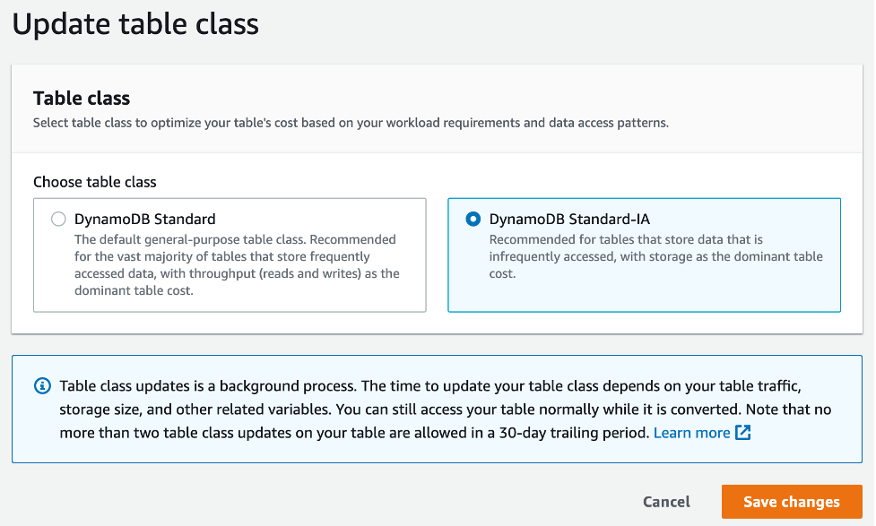 DynamoDB table class options. In this image, the DynamoDB Standard-IA table class is selected.