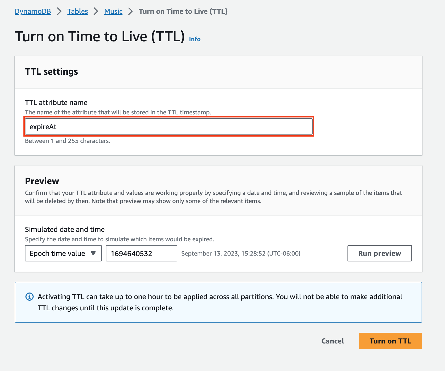 Case-sensitive TTL attribute name that DynamoDB uses to determine an item's eligiblity for expiration.