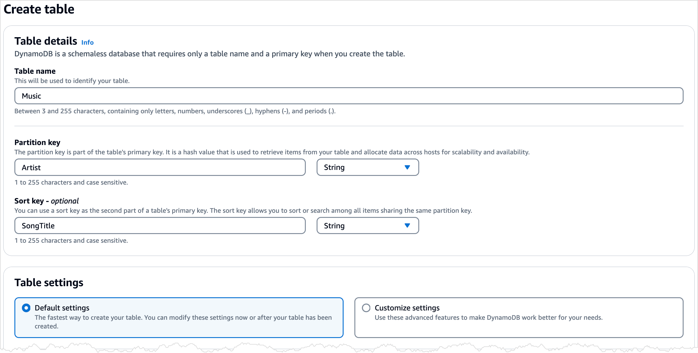 The Create table page with the Table details filled in.