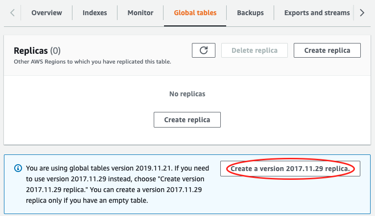Console screenshot showing the Create a Version 2017.11.29 (Legacy) replica button.