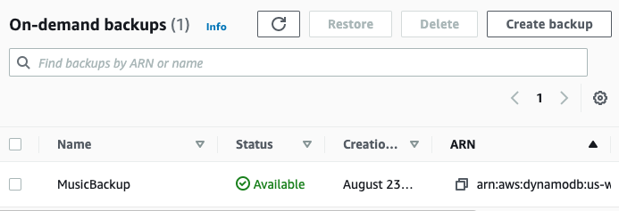 On-demand backups console page. Status of MusicBackup is showing as Available.