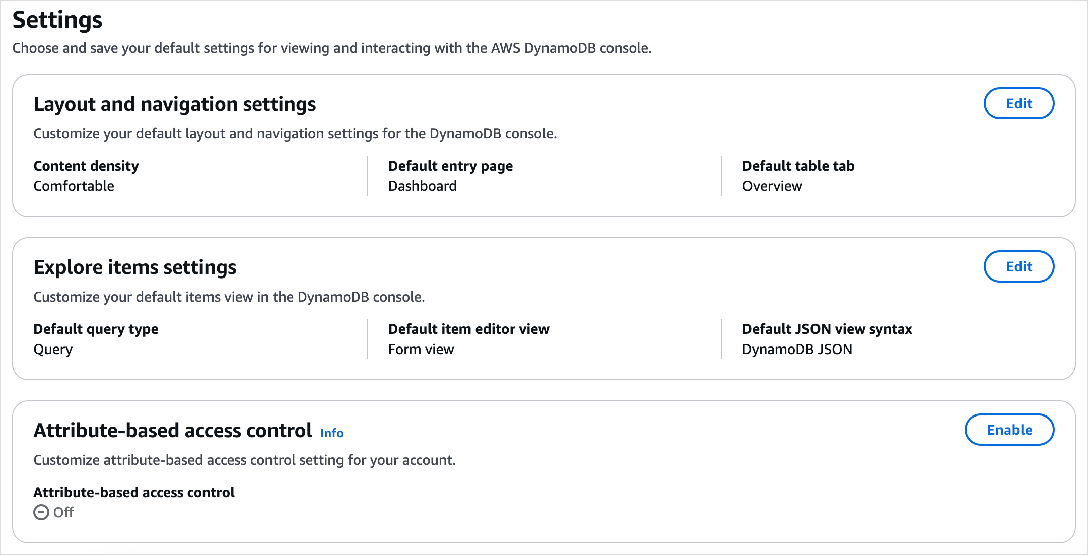 Settings page on the DynamoDB console that shows the Attribute-based access control card.