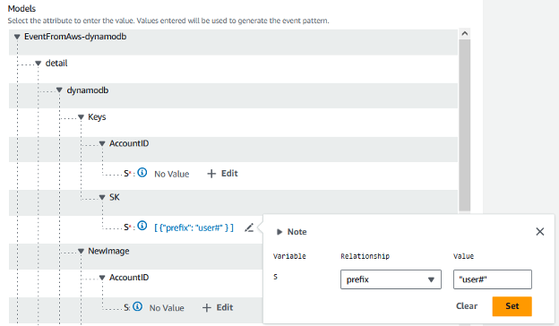 Image showing an EventBridge rule where only DynamoDB items that have a sort key beginning with "user#" is displayed.