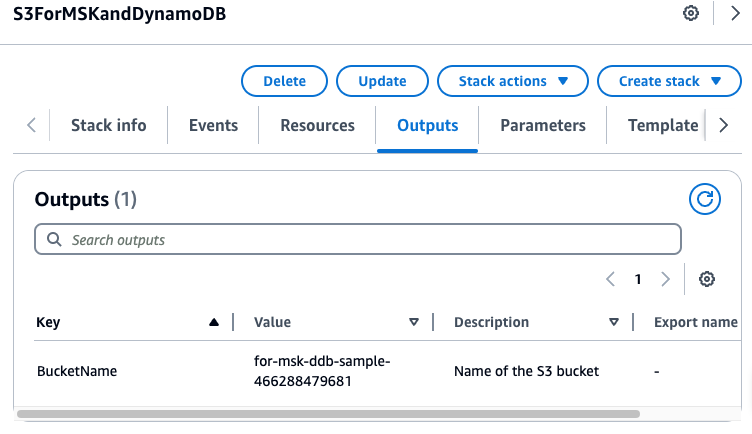 Outputs tab showing BucketName key with S3 bucket name value for-msk-ddb-sample-466288479681.