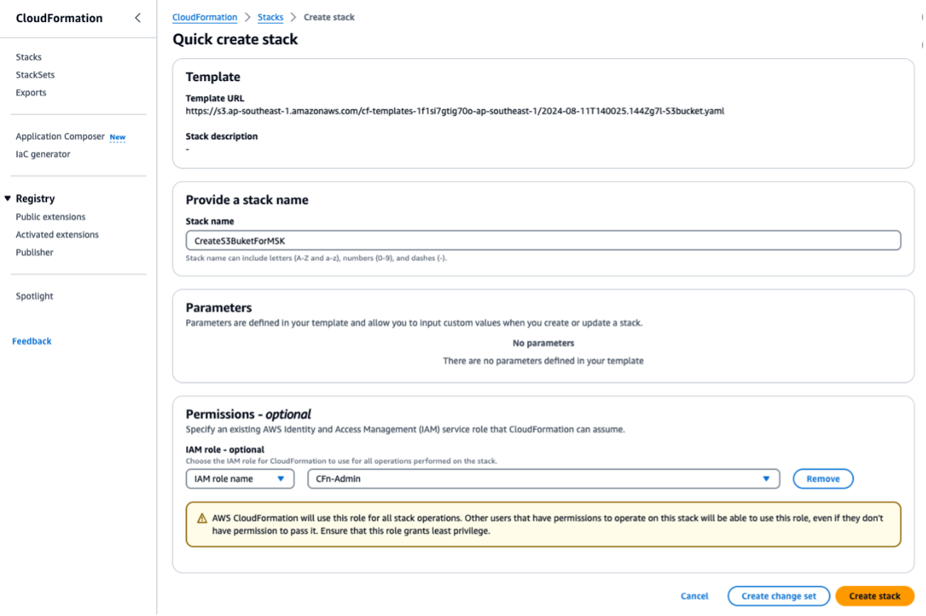 Image showing the CloudFormation console stack creation screen.
