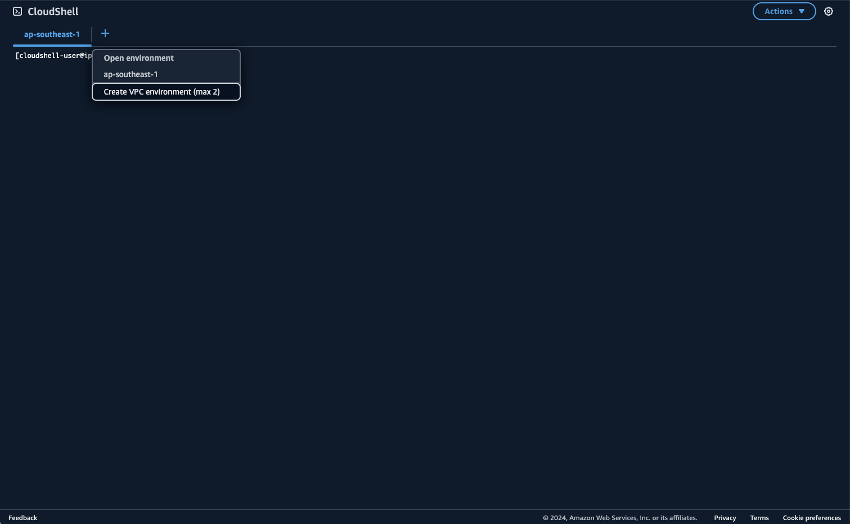 CloudShell interface showing ap-southeast-1 environment with Open environment option displayed.