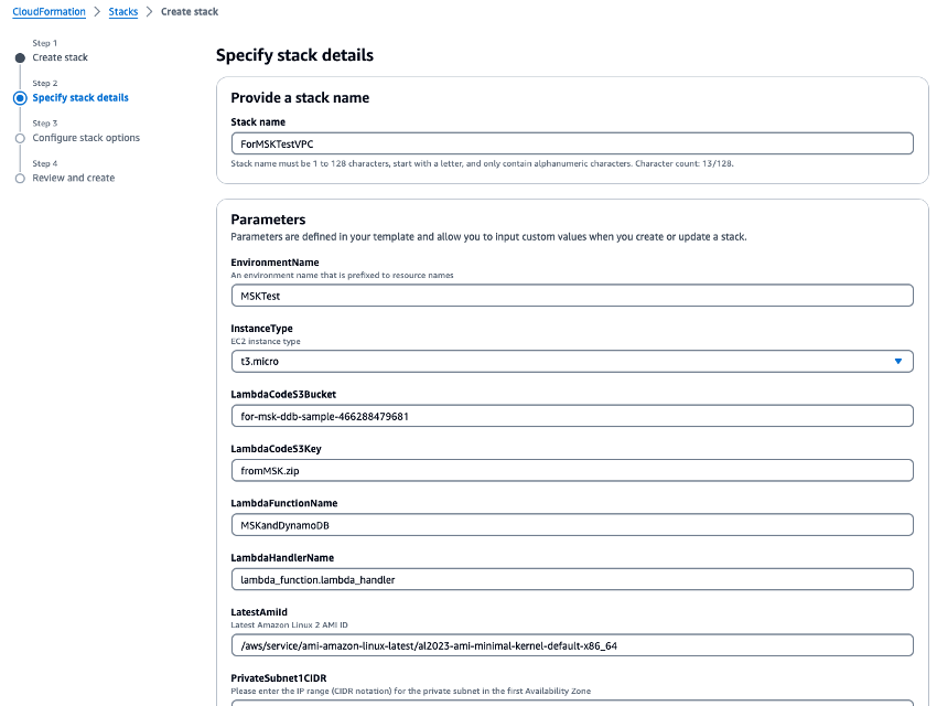 Image showing the fields you need to fill out when specifying the CloudFormation stack details.