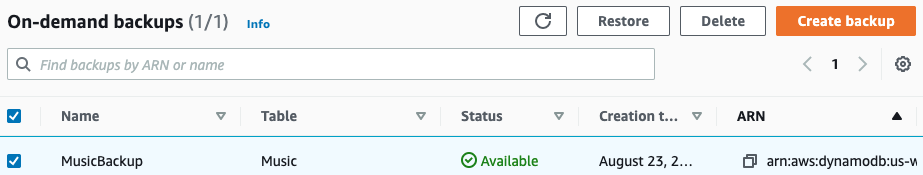 Screenshot of the backups list and the create backup button.