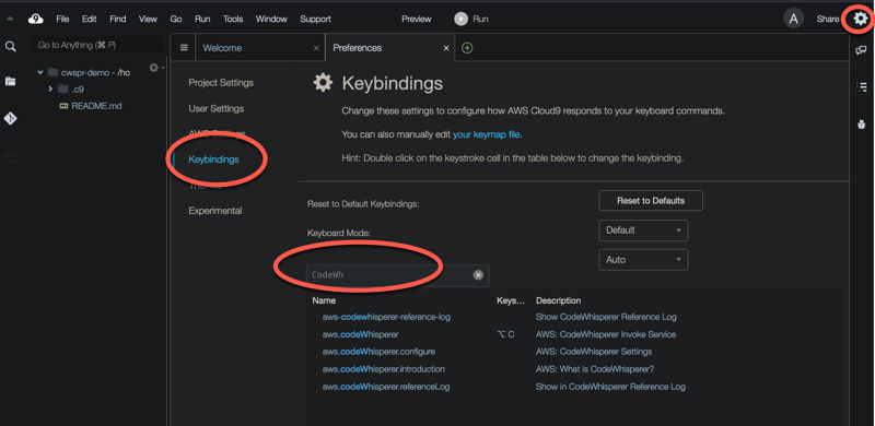 Keybindings section selected in User Settings with keyboard mode dropdown highlighted.