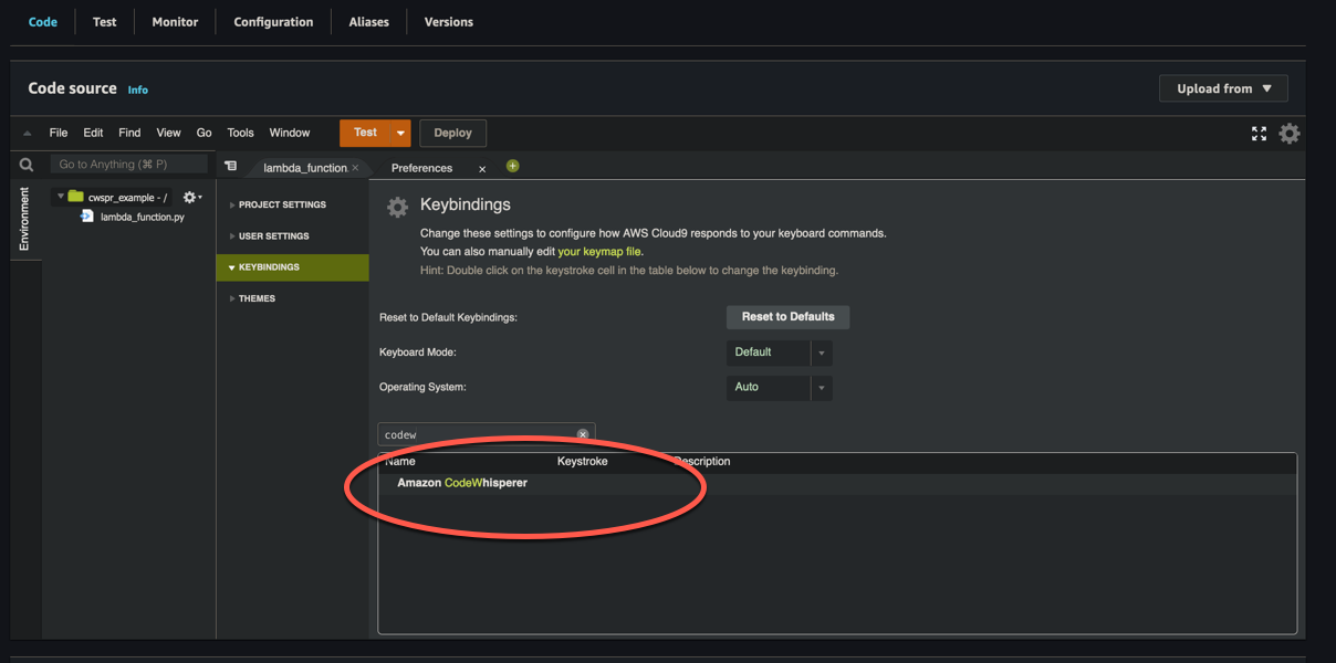Keybindings settings panel with Amazon CodeWhisperer highlighted in the table.
