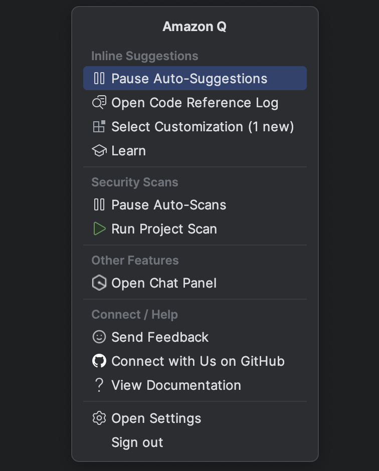 The Amazon Q task bar in a JetBrains IDE.