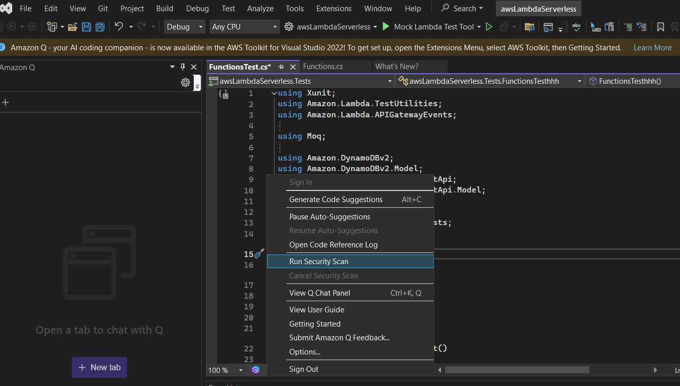 Visual Studio with the Amazon Q task bar showing "Run Security Scan" as a choice