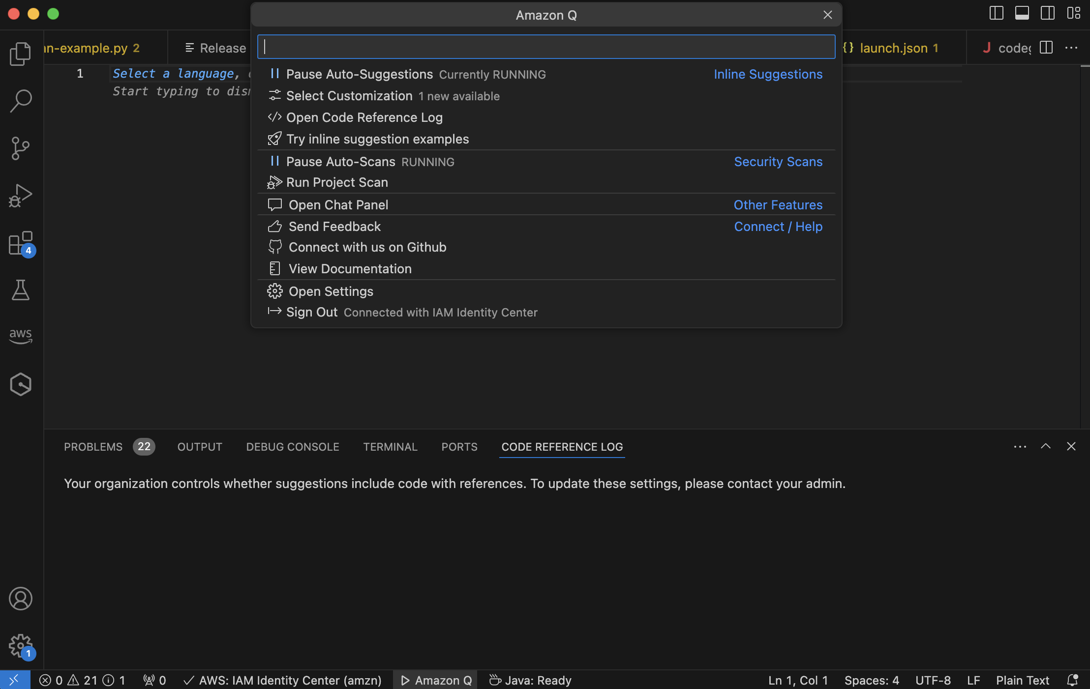 The Amazon Q code reference log in Visual Studio Code.