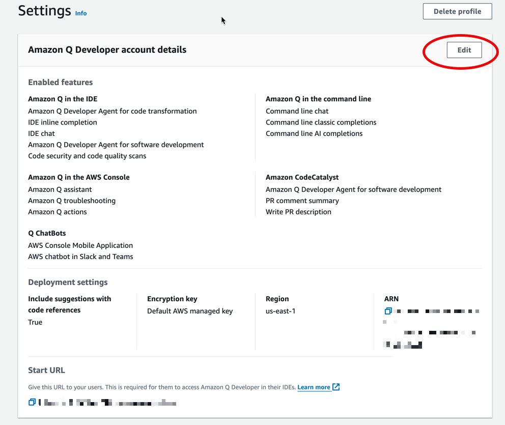 The Amazon Q Developer console settings page