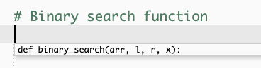 A screenshot that shows a Amazon Q recommendation for a binary search function signature based on user code comments.