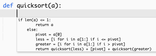 A screenshot that shows a Amazon Q recommendation for an entire function implementation of the quicksort algorithm.