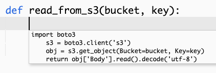 A screenshot that shows a Amazon Q recommendation to complete an entire function that reads an object from an Amazon S3 location.