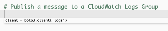 A screenshot that shows the first Amazon Q recommendation when prompted for a function that publishes messages to a CloudWatch Logs log group.