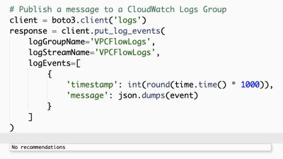 A screenshot that shows the completed implementation of a code block that publishes messages to a CloudWatch Logs log group, based only on Amazon Q recommendations.