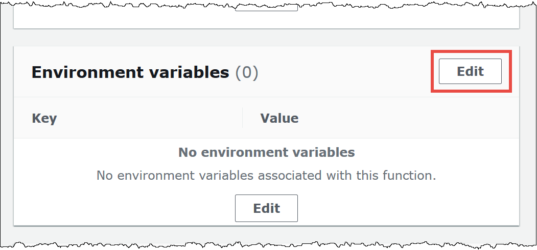 Choose Edit to edit the environment variables for the Lambda function.