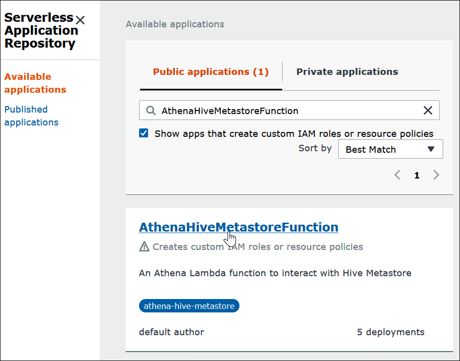 Choose the name of the Athena data source connector for Hive.