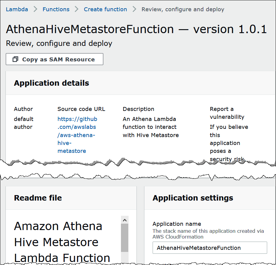 The AthenaHiveMetastoreFunction page in the AWS Lambda console.