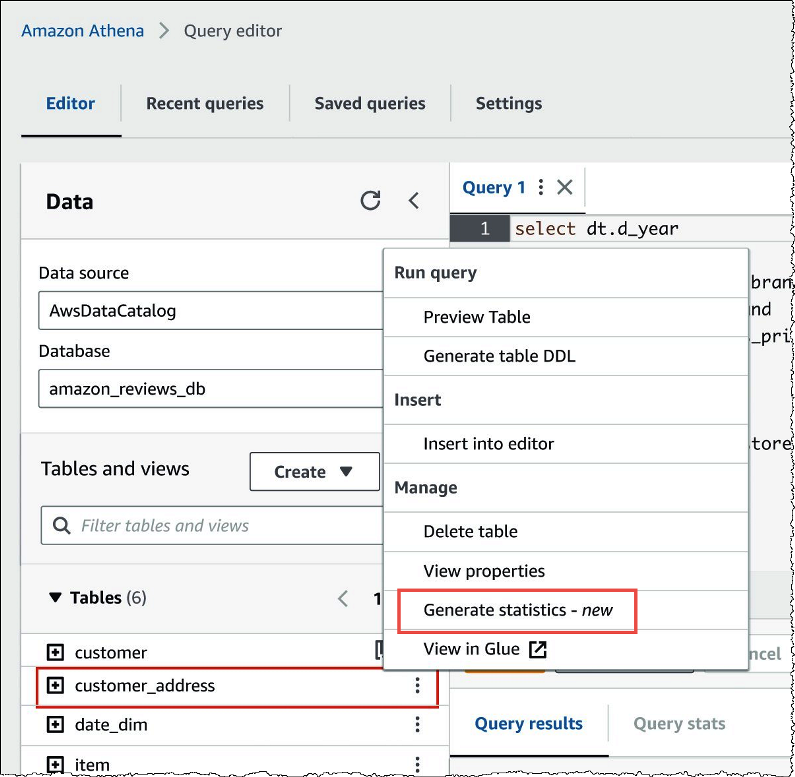 Context menu for a table in the Athena query editor.