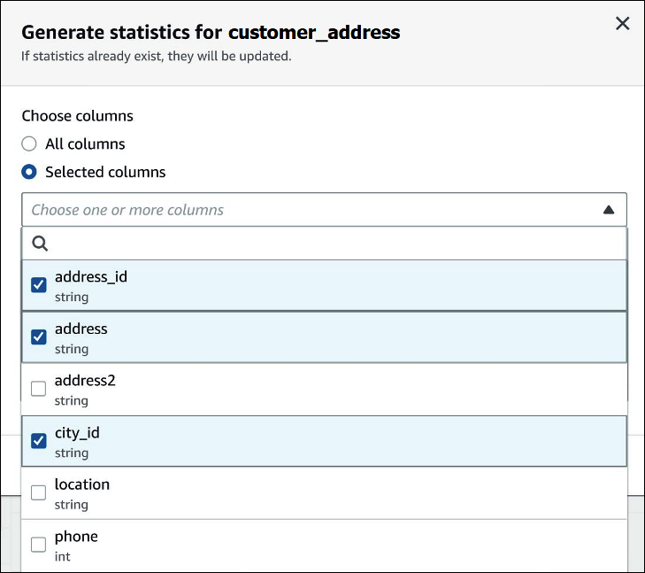 The generate statistics dialog box.
