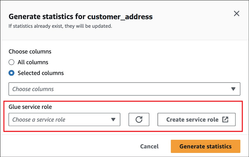Choosing a AWS Glue service role.