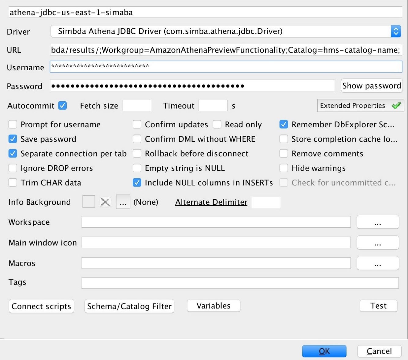 Configuring a JDBC connection URL in SQL Workbench.