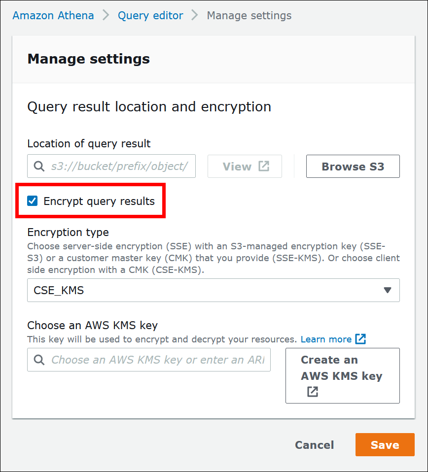 The Encrypt query results option on the Manage settings page of the Athena console.