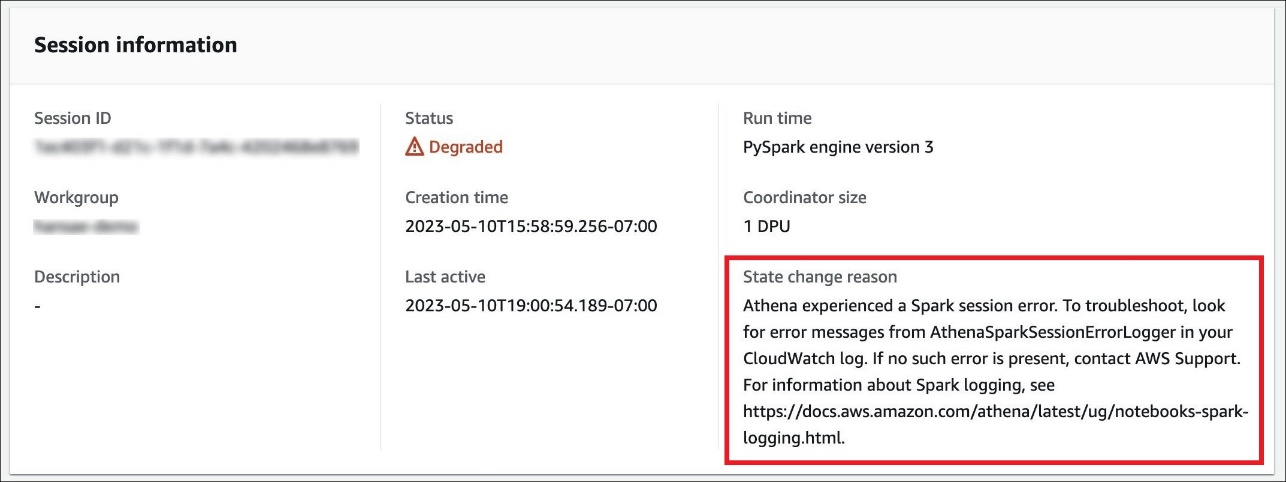 Viewing session state change information in the Athena for Spark console.
