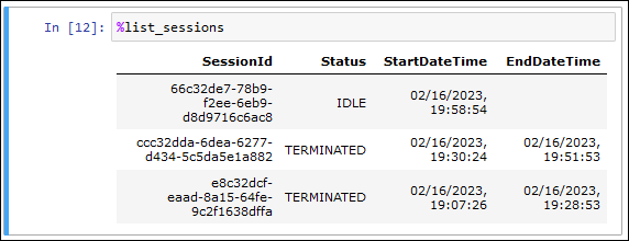 Using %list_sessions.