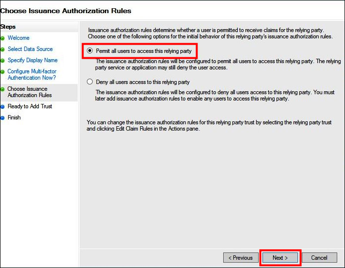 Configuring user access to the relying party.