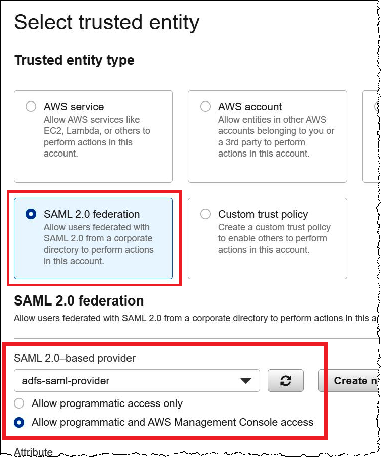 Choosing SAML as the trusted entity type.