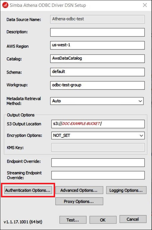 Entering values for Simba Athena ODBC Driver DSN Setup.