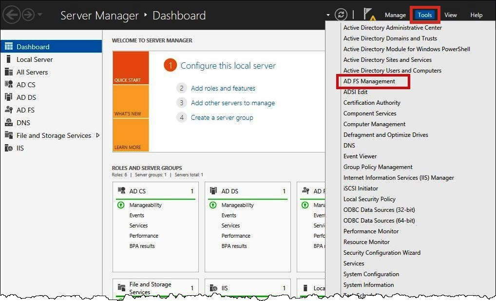 Choose Tools, AD FS Management.
