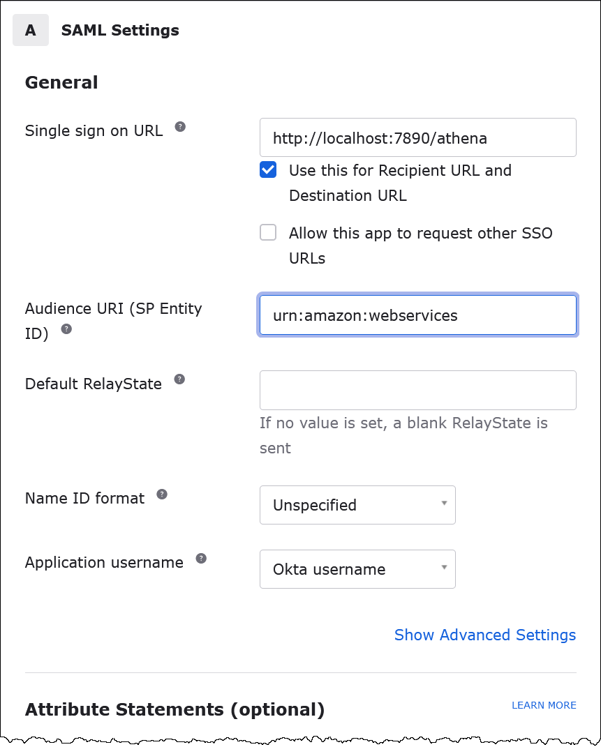 Enter SAML settings.