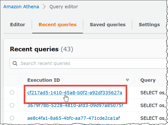 Choose the execution ID of a query to see it in the query editor.