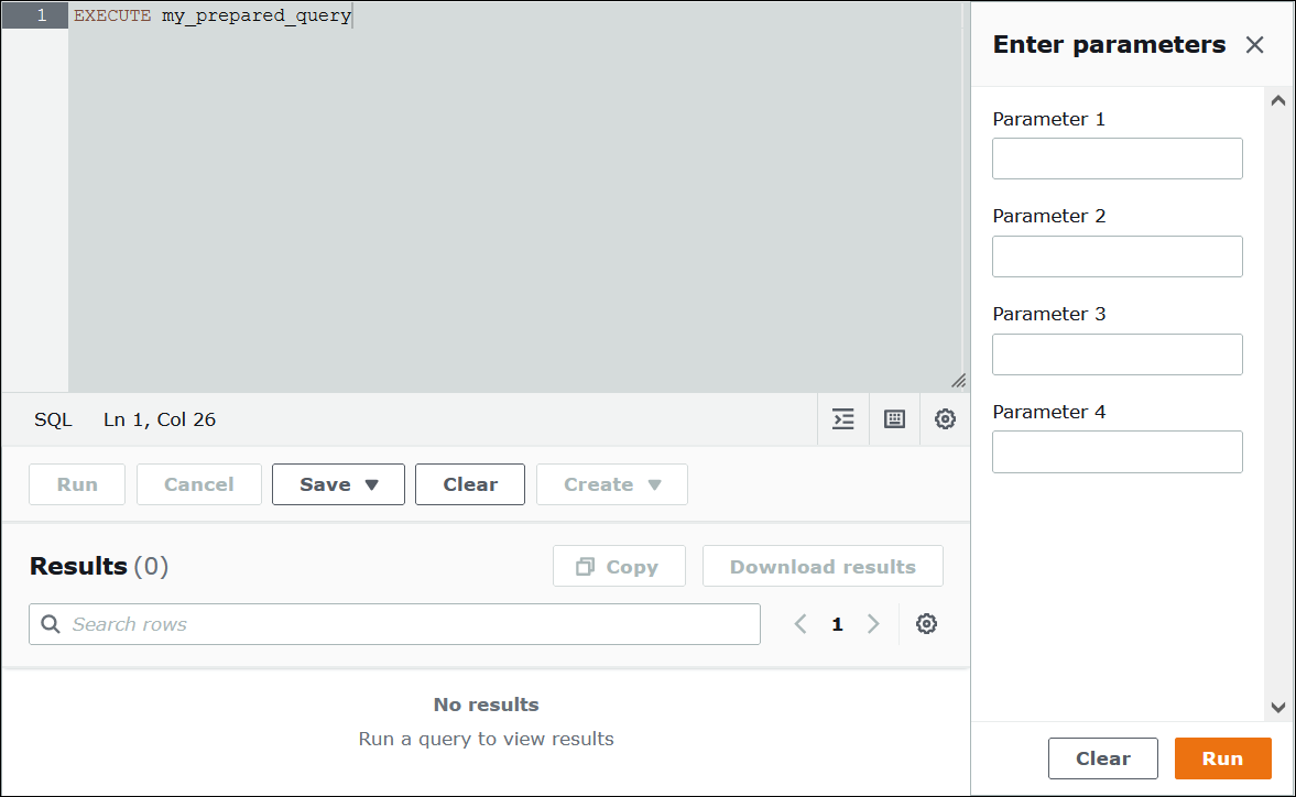 Entering parameter values for a prepared statement in the Athena console.