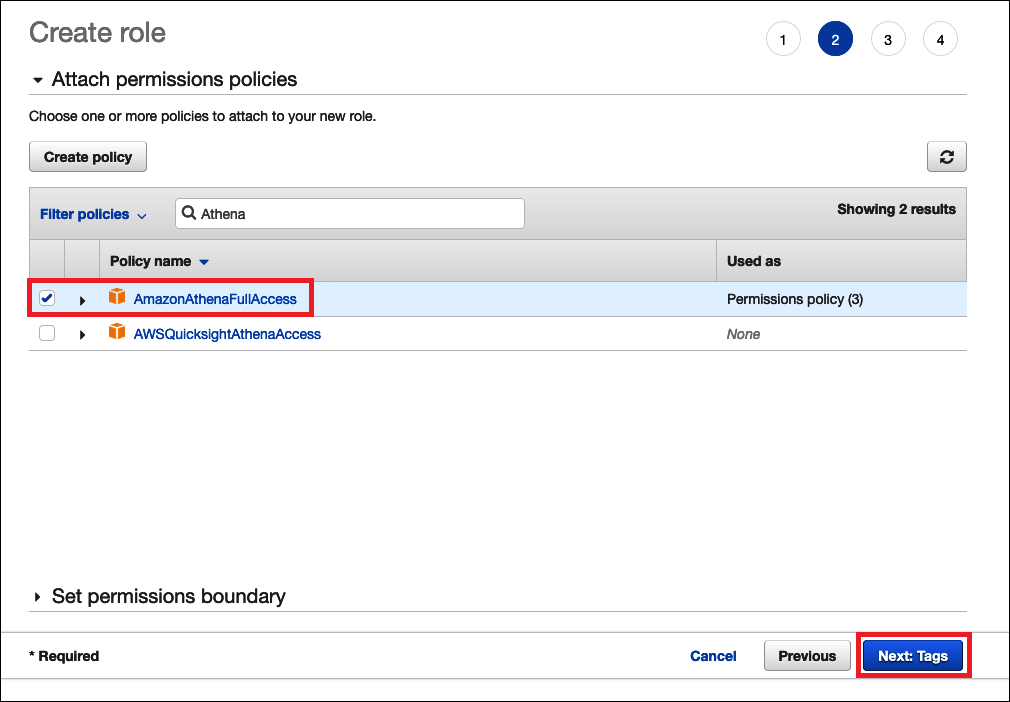 Attaching the AmazonAthenaFullAccess managed policy to the IAM role.