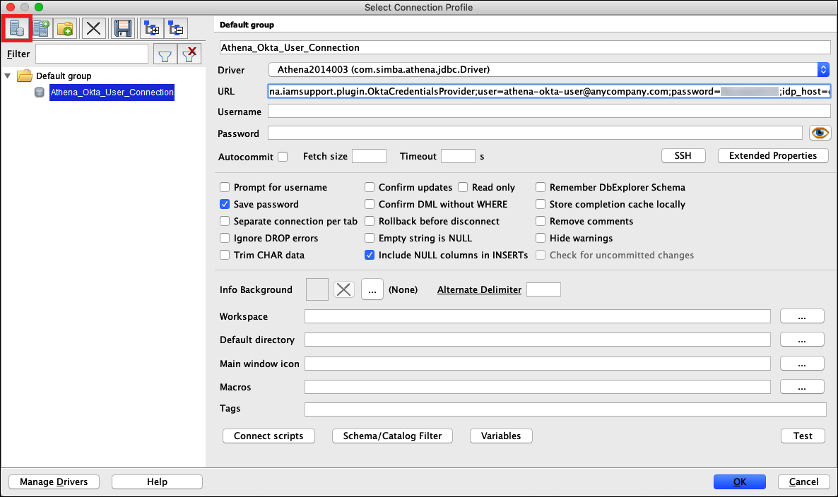 A connection profile in SQL Workbench.