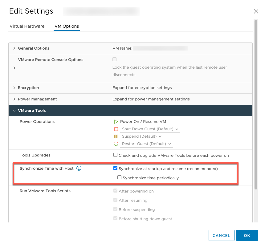 The Synchronize at startup and resume VM option.